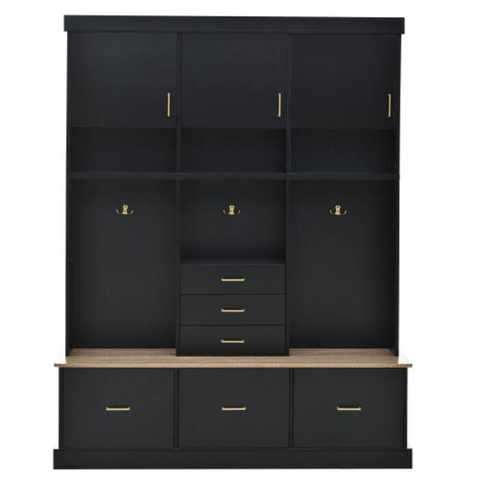 75" Hall Tree with Bench, 6 Drawers, 3 Cabinets & Coat Rack, 5-in-1 Entryway Storage