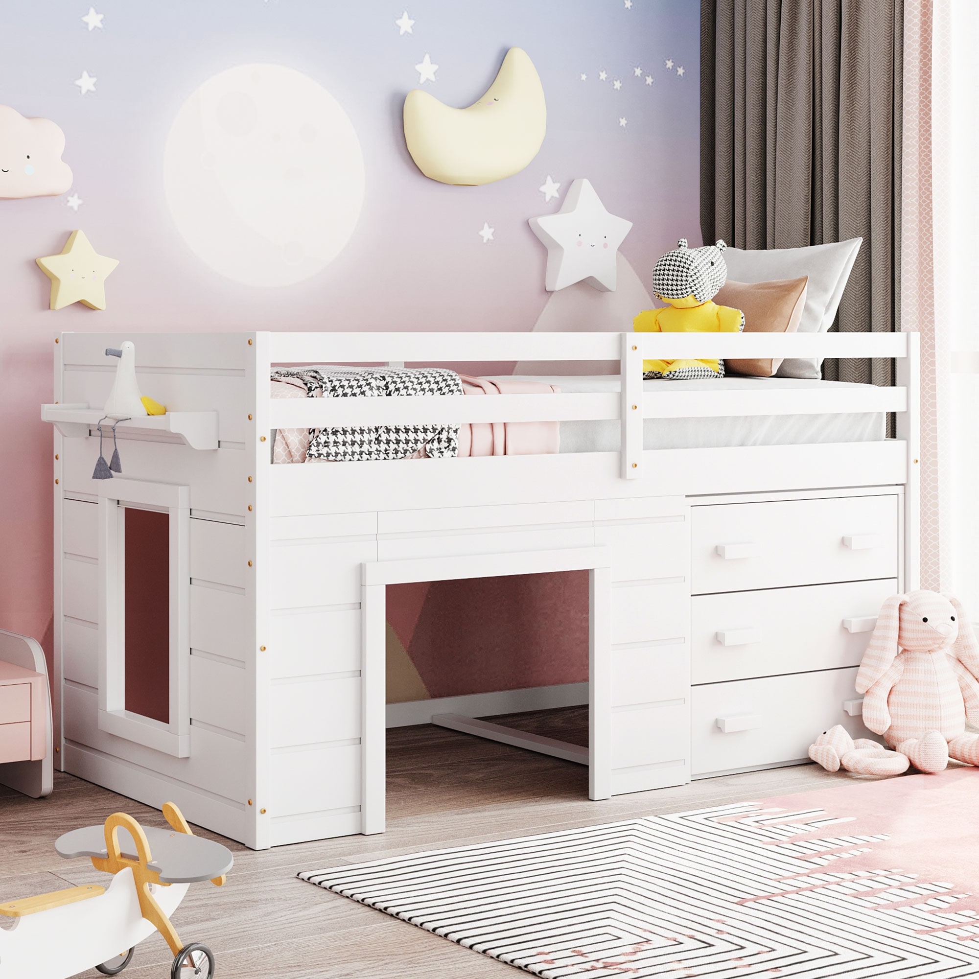 White low loft clearance bed with storage