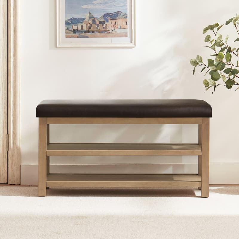 HUIMO Multi-Functional Solid Wood Bench with Storage Shelves 46in/39in/31in - 31in - PU-BROWN