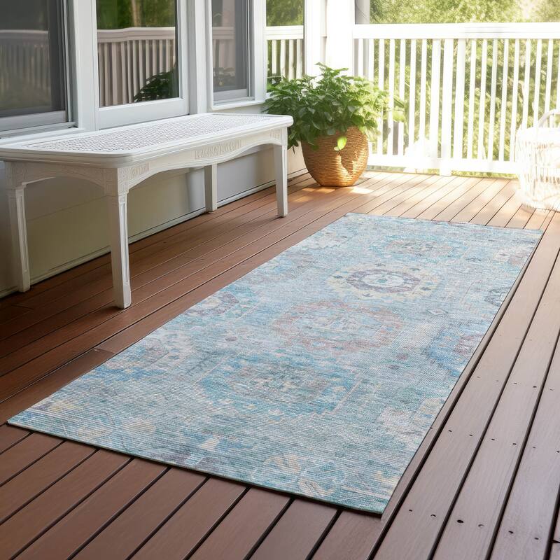 Machine Washable Indoor/ Outdoor Vintage Traditional Chantille Rug - Sky - 2'3" x 7'6"
