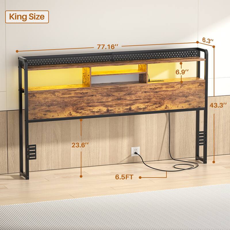 Bed Headboard with Storage Shelf and Charge Station, Height Adjustable Headboard with LED Light