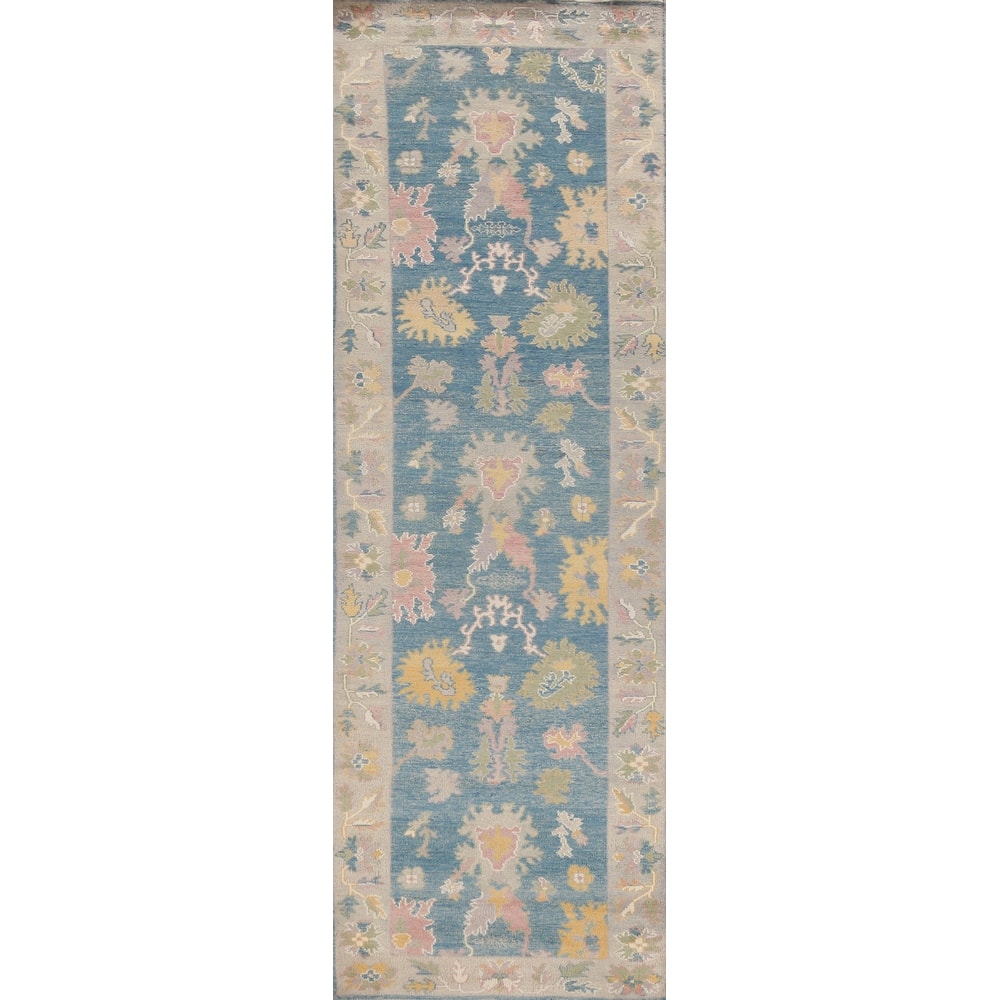 Hand Knotted Oriental 100% Wool Carpet Transitional Floral Navy Blue & Blues Oushak Runner Rug - 11' 7'' X 2' 10''