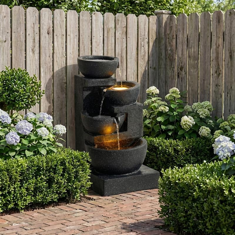 GDFStudio - Terrazzo 29" H Modern Outdoor/Indoor 4-Tier Water Fountain with Cascading Bowls, Stacked Stones Design & LED Lights