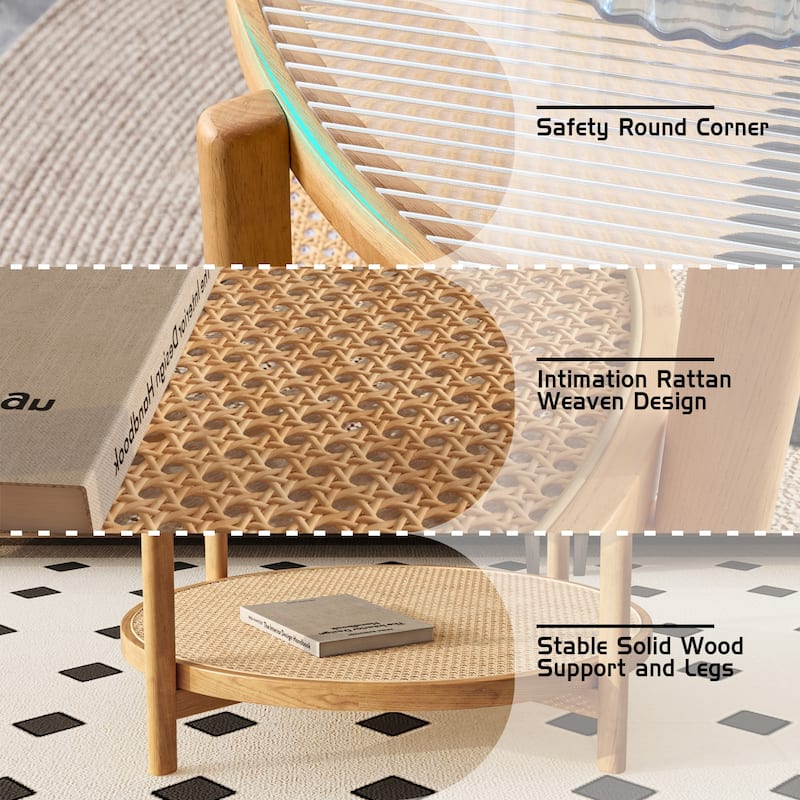 Modern Simple Double-layer Rattan Woven Solid Wood Coffee Table