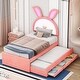 preview thumbnail 1 of 11, Twin Whimsical Upholstered Platform Bed with Trundle & 3 Drawers, Rabbit-Shaped Headboard w/Embedded LED Lights for Kids, Pink Pink - Twin