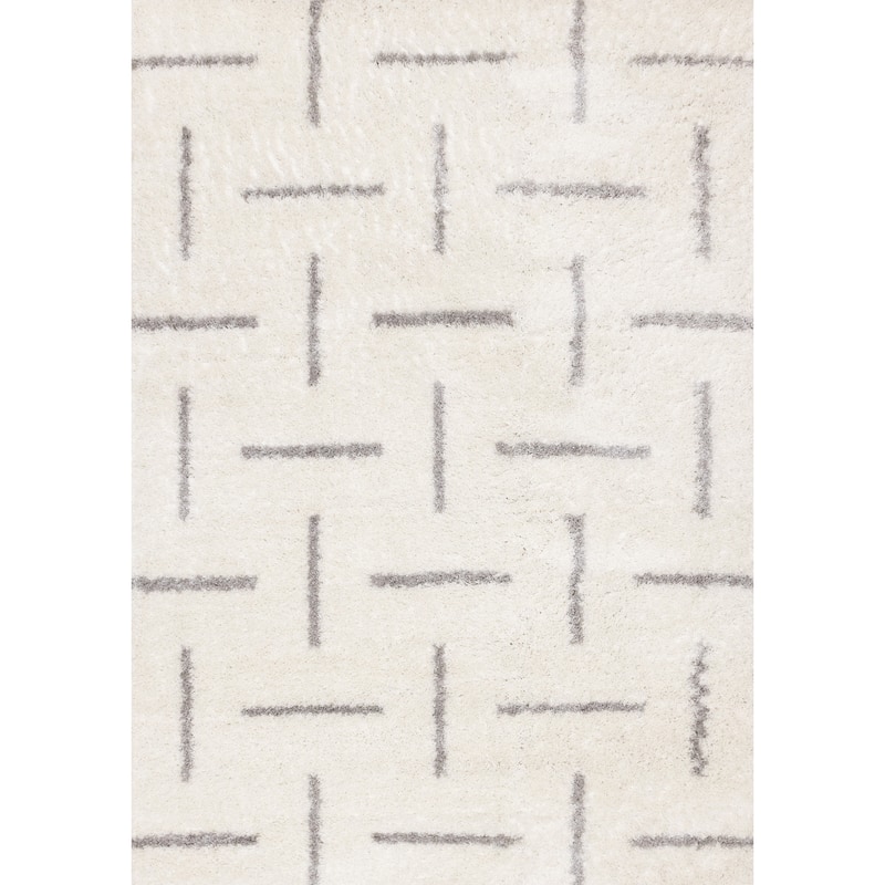 Cream Gray Neutral Lines Soft Shag Area Rug, 5'3" x 7'7"