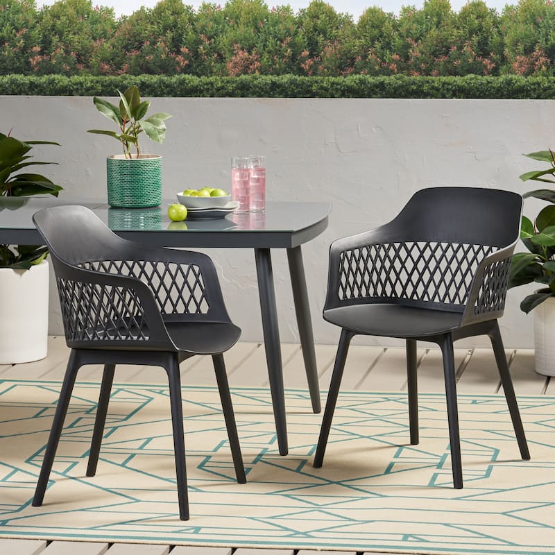 Roomfitters Outdoor Plastic Chairs with Lattice Back, Lightweight Patio Seating Set of 2, Modern Style - Black