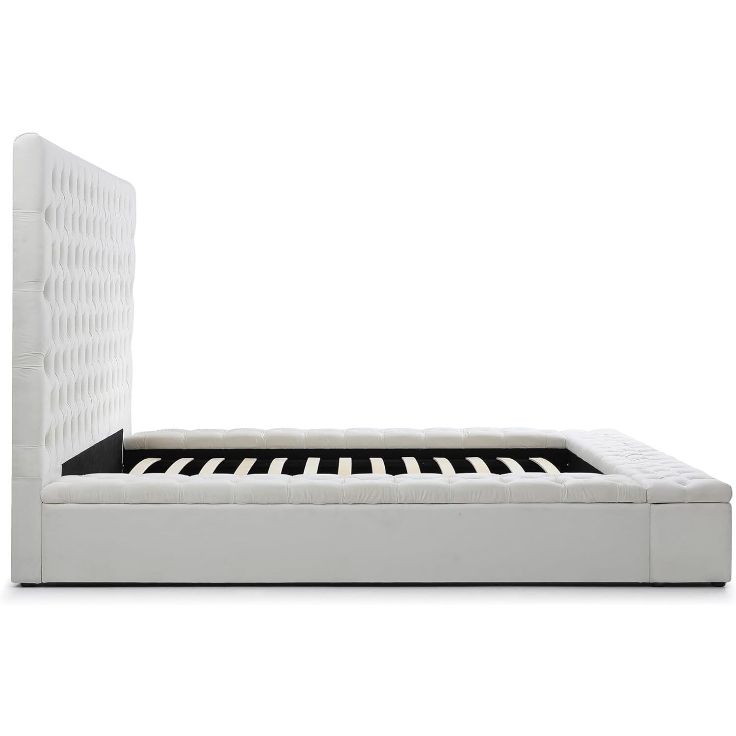 Cream Velvet Tufted Bed - Storage Platform Bed with Headboard - Wood Frame - 96"x75"