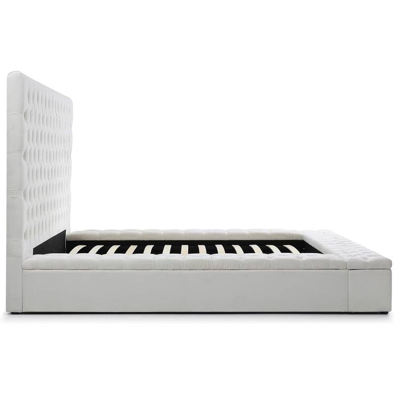 Cream Velvet Tufted Bed - Storage Platform Bed with Headboard - Wood Frame - 96"x75"