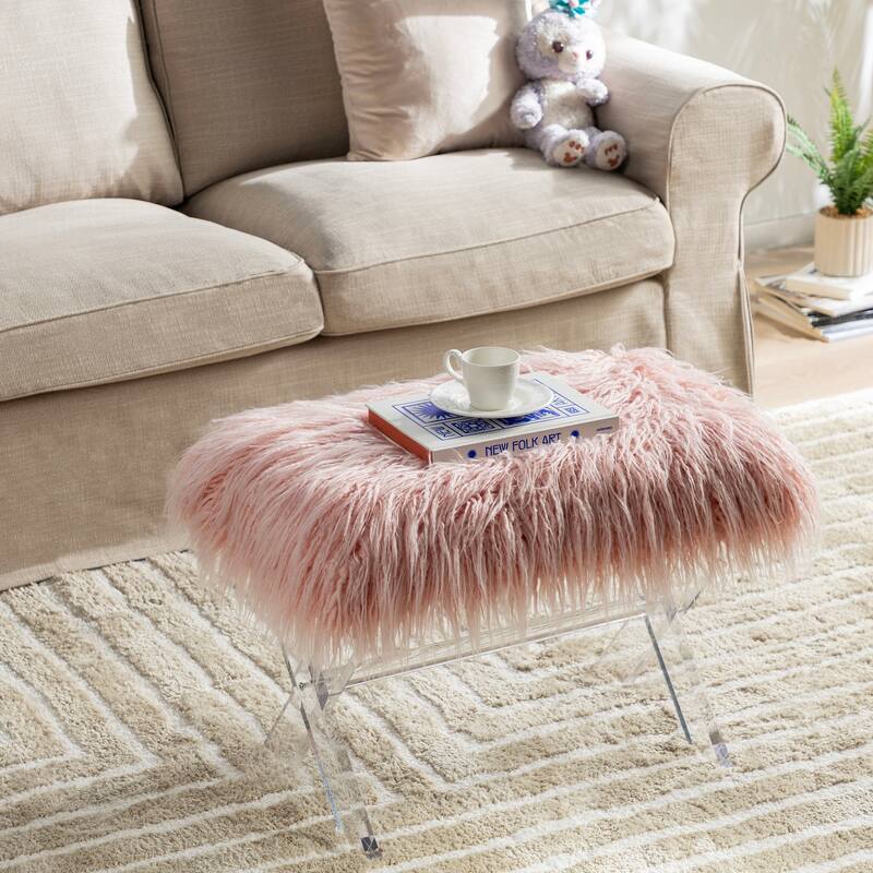 Glitzhome Modern Faux Fur Acrylic Accent Bench Ottoman