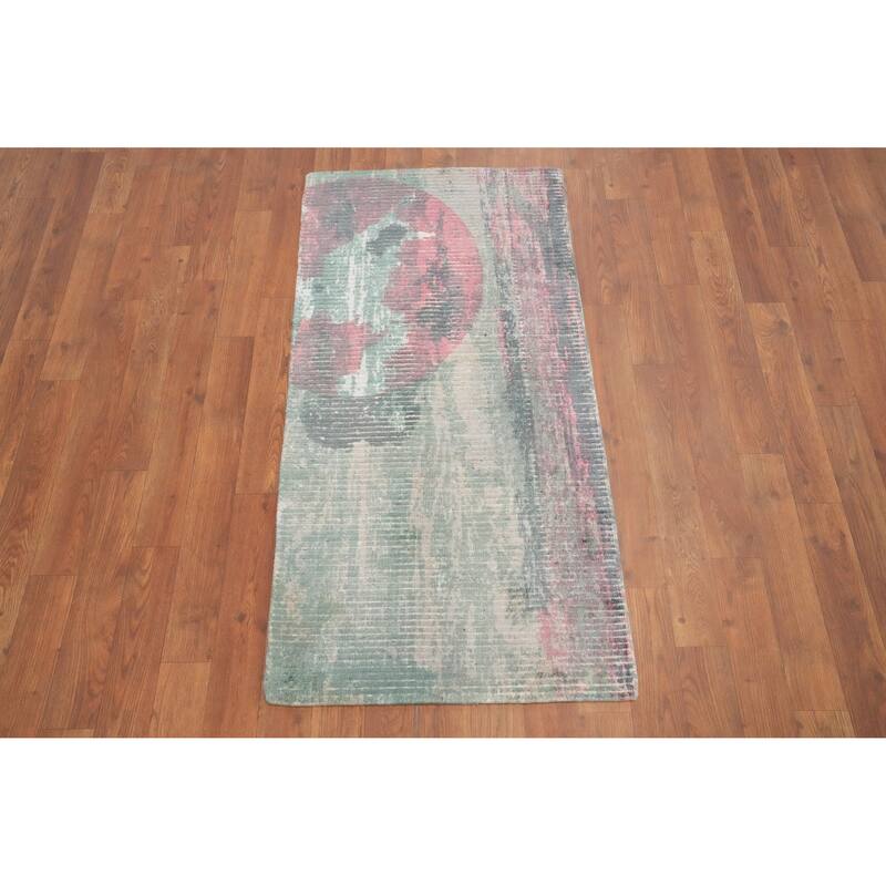 Hand Knotted Oriental Viscose Silk Carpet Modern Abstract Green Abstract Area Rug - 4' 0'' X 2' 0''