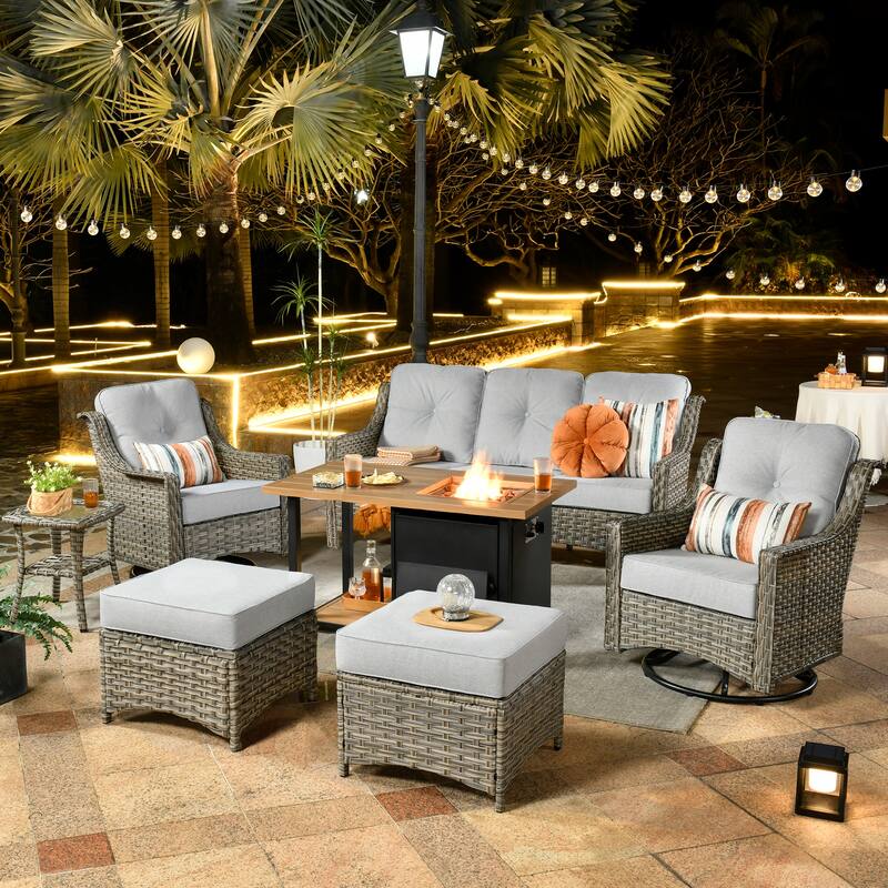 HOOOWOOO 7-piece Wicker High Back Patio Furniture Swivel Rocker Set with Fire Pit - Grey