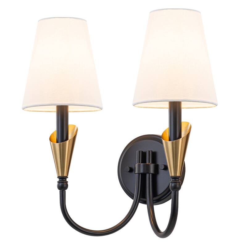 2-Light Matte Black & Gold Wall Sconce Traditional Fabric Shades - Black