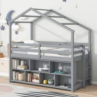 Gray Twin Size Wood House Loft Bed with Roof Frame