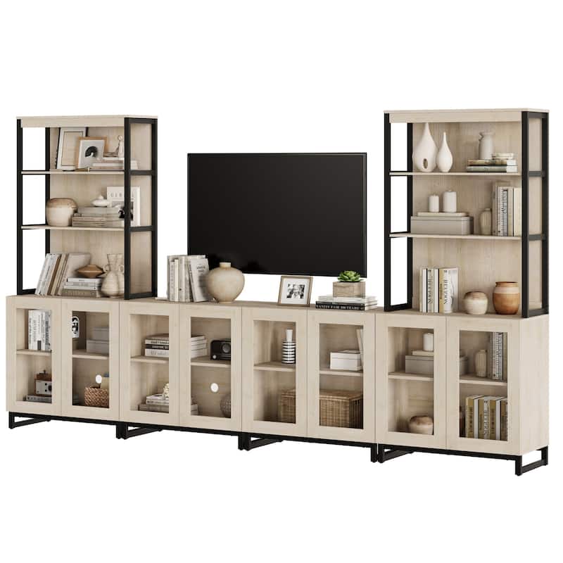 Modern TV Stand with 3 Tiers Bookshelf,Wooden Media TV Console with Glass Doors for Living Room