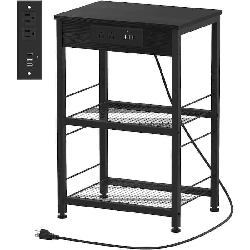 3 Tier Nightstand with Charging Station - Black