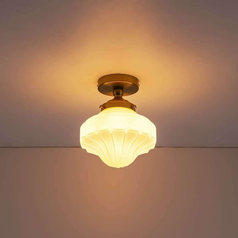 8.7 in. 1-Light Retro Black/Antique Gold Ice-Cream Shaped Semi-Flush Mount Ceiling Light with Opal Textured Glass Shade