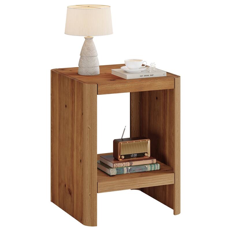 2-Tier Solid Wood End Table, Small Side Table with Open Storage Shelf
