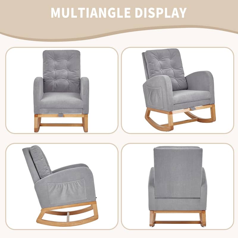 Javlergo Small Space Rocking Chair with Pull-Out Pedals Solid Wood Legs Glider Chair for Nursery with Two Side Storage Pockets