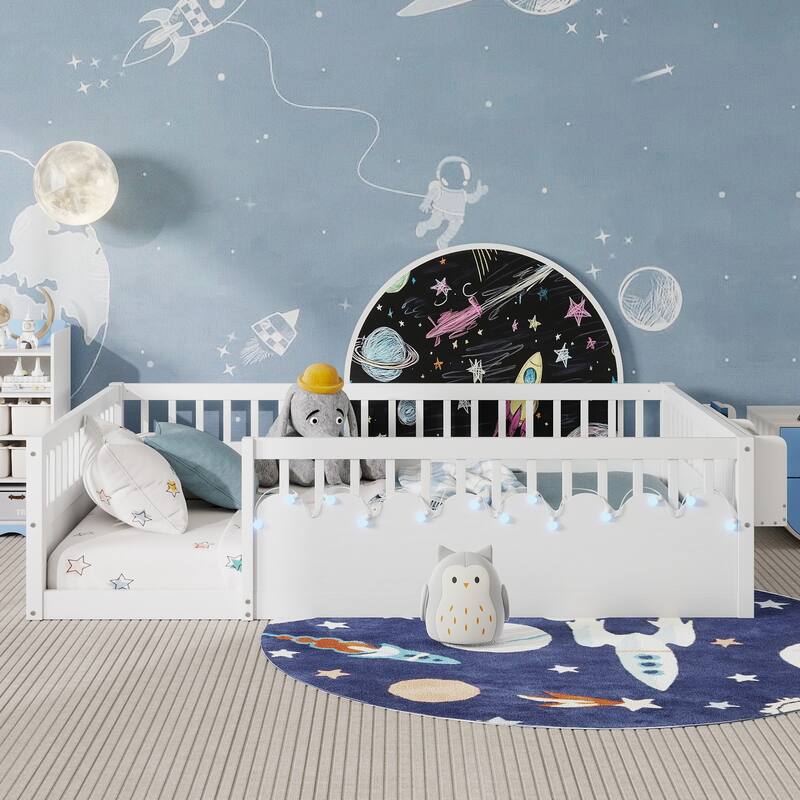 Full Size Floor Bed Safety Kids Bed with High Guardrails (19.6 inch), Without Slat Concise Fence Bed for Boys Girls, White