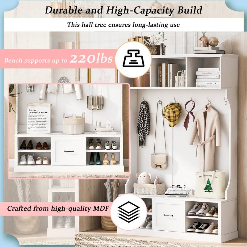 57 in Hall Tree with 6 Hooks, Entryway Bench, 3-in-1 Coat Rack with Drawer, Adjustable Shoe Shelves, 85 in H
