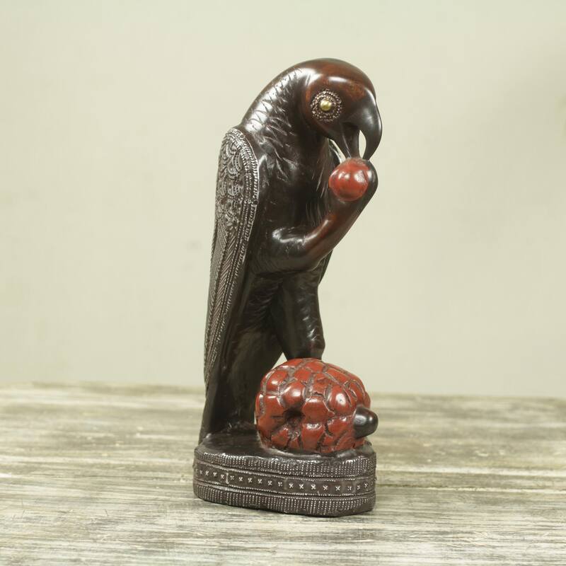 Novica Handmade Parrot With Palm Fruit Wood Sculpture