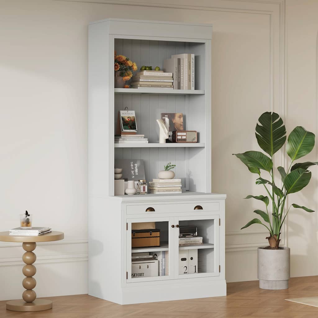 83.4" Tall Bookshelf, Modern Bookcase with 2 Glass Doors, 1 Drawer & Open Shelves