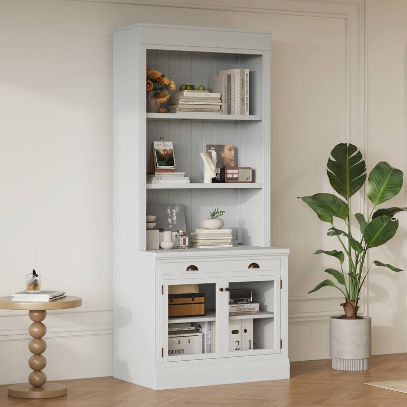 83.4" Tall Bookshelf, Modern Bookcase with 2 Glass Doors, 1 Drawer & Open Shelves - White