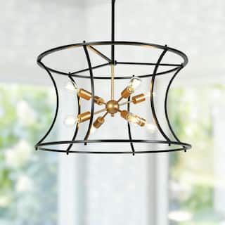Modern 8-Light 29.5"D Chandelier Black Gold Drum-Shaped Large Pendant for Dining Room - Drum