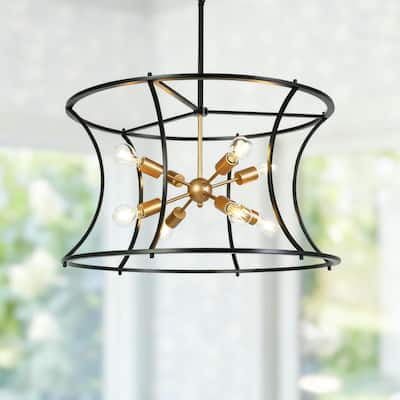 Modern 8-Light 29.5"D Chandelier Black Gold Drum-Shaped Large Pendant for Dining Room - Drum