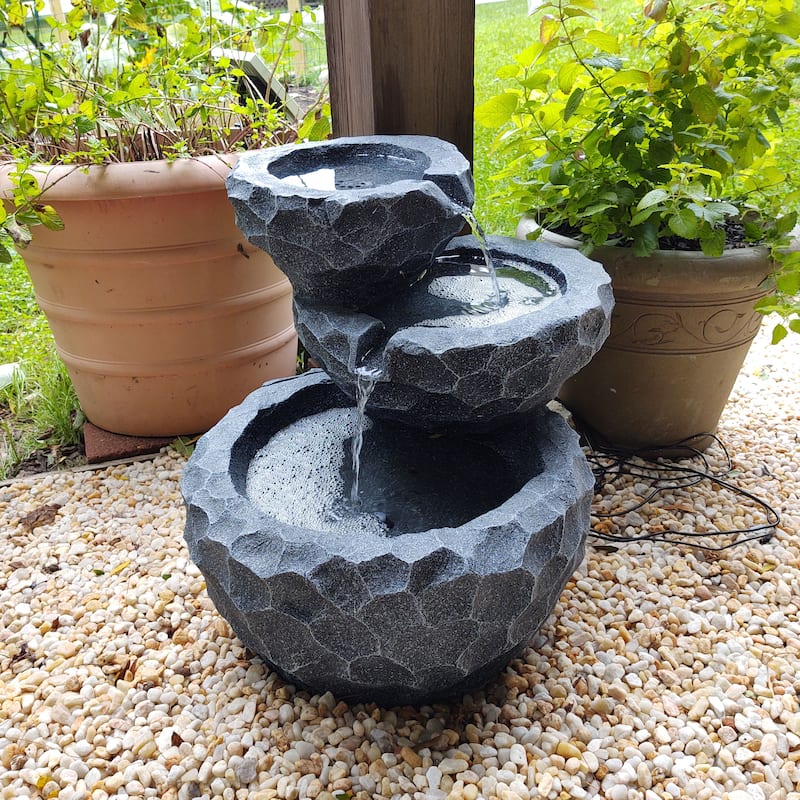3-Tier Chiseled Basin Solar Outdoor Water Fountain with Battery - 17"