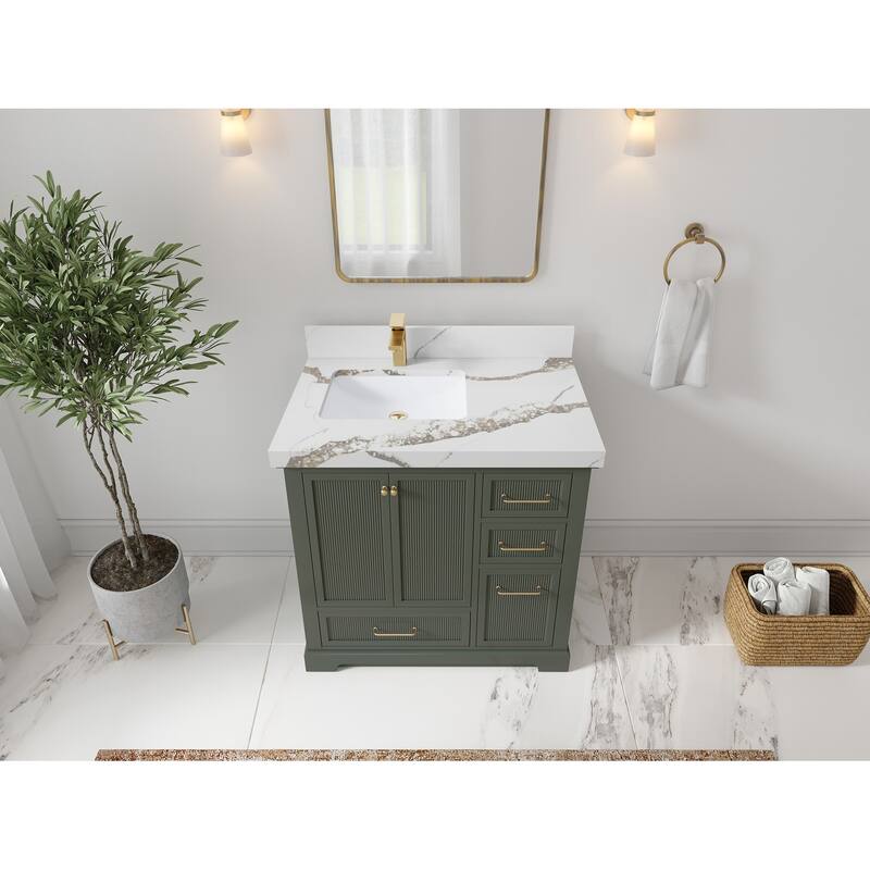 Willow Collections 36 in. W x 22 in. D Alys Left Offset Sink Bathroom Vanity with Countertop - 2"Calacatta Gold - Pewtergreen