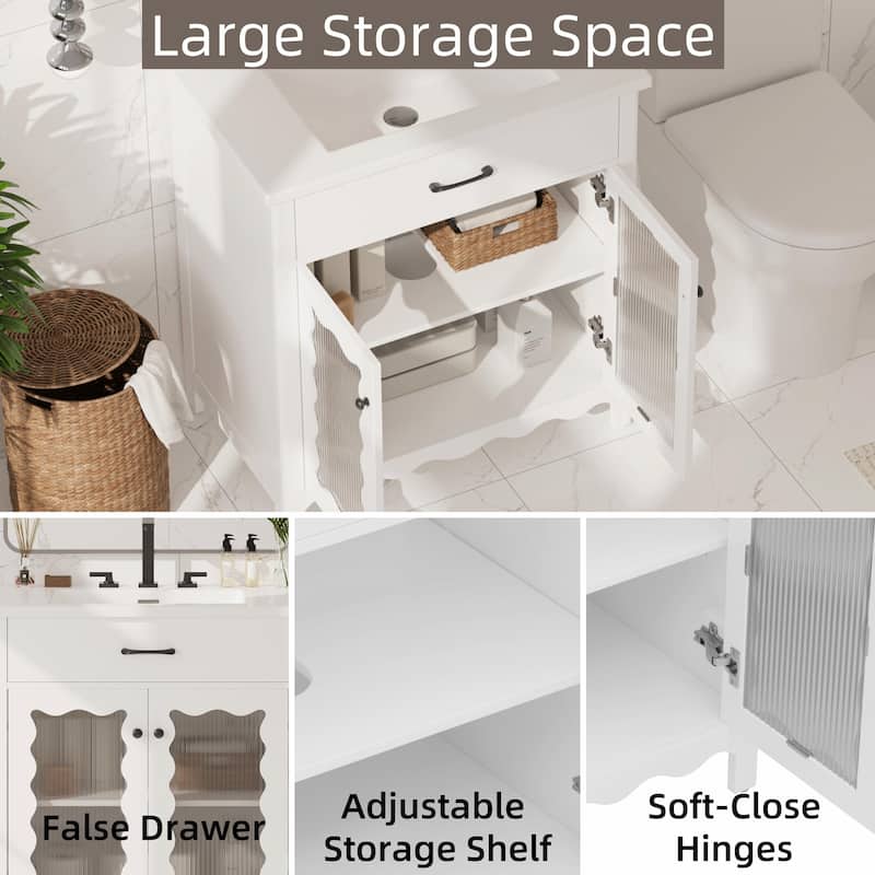 31" Bathroom Vanity with Tempered Glass - Modern Cabinet with Rubber Wood Legs and Soft-Close Doors
