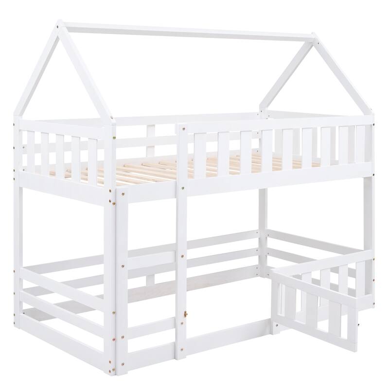 Twin Pine House Bunk Bed with Fence, Guardrail, and Door
