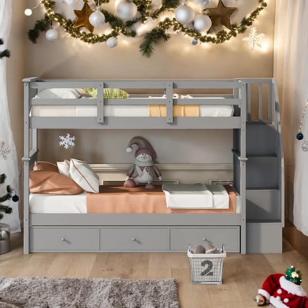 slide 2 of 19, Simple Twin Over Twin Bunk Bed With Three Drawers For Bedroom,Kids Grey