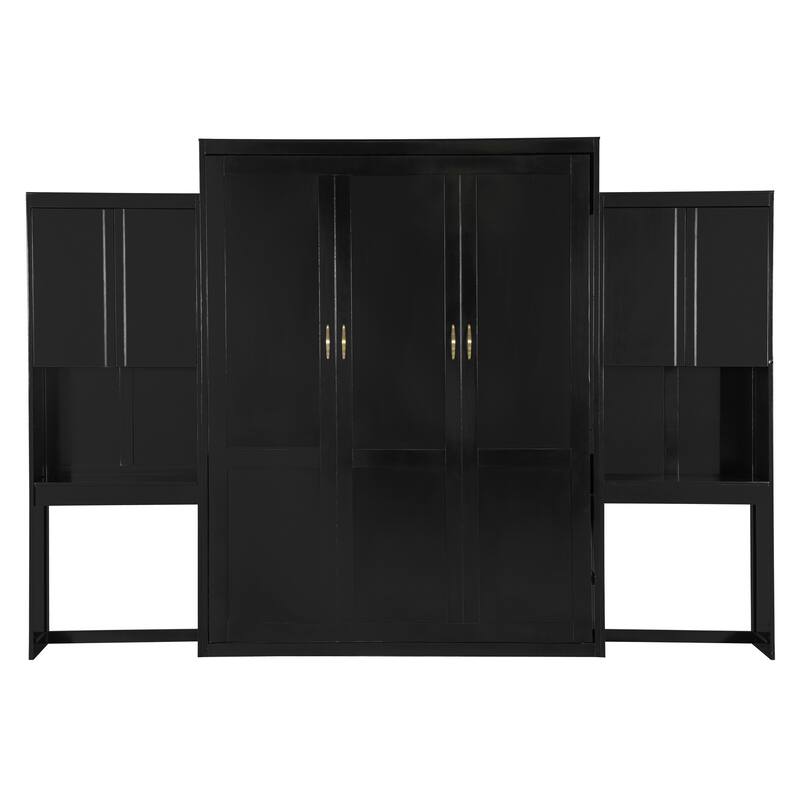 Queen Size Murphy Bed with Work Desk and Storage Cabinets, Wooden Foldable Wall Bed with Flip-Up Vanity for Bedroom Guest Room