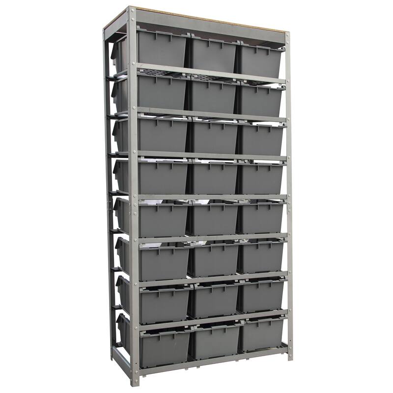 King's Rack Bin Rack Storage System Heavy Duty Steel Rack Organizer Shelving Unit w/ 24 Plastic Bins in 8 tiers.