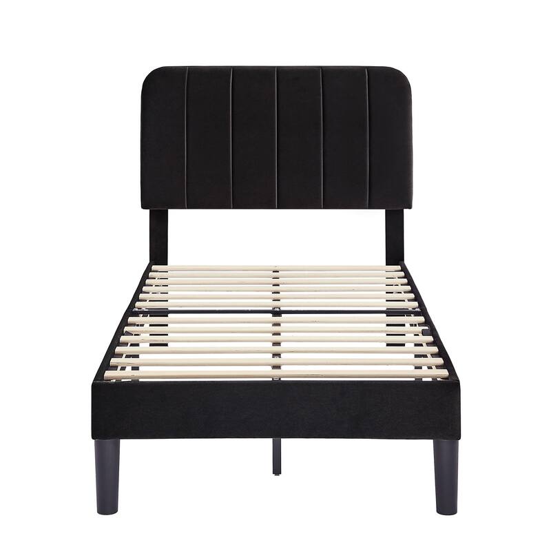 VECELO Velvet Upholstered Bed Frame with Vertical Channel Tufted Headboard, Adjustable Headboard, Wooden Slats Support