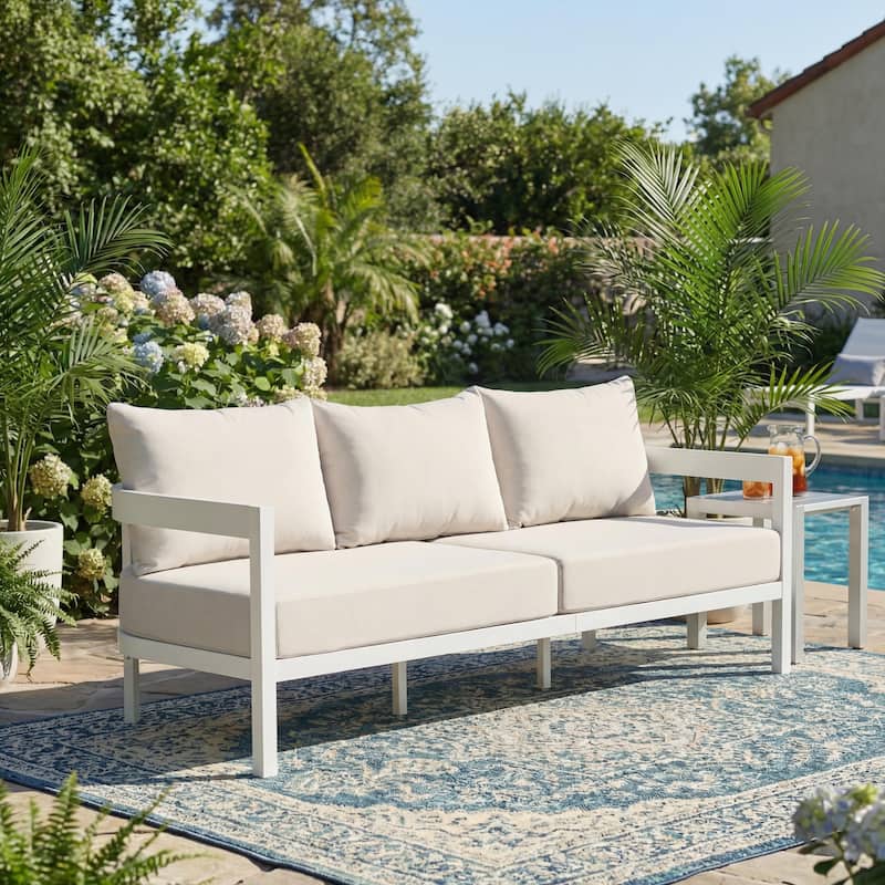 Christopher Knight Home - Modern 75.8" Outdoor Curved Patio 3-Seater Sofa with Aluminum Frame & Water-Resistant Cushions - White Frame+Beige Cushion