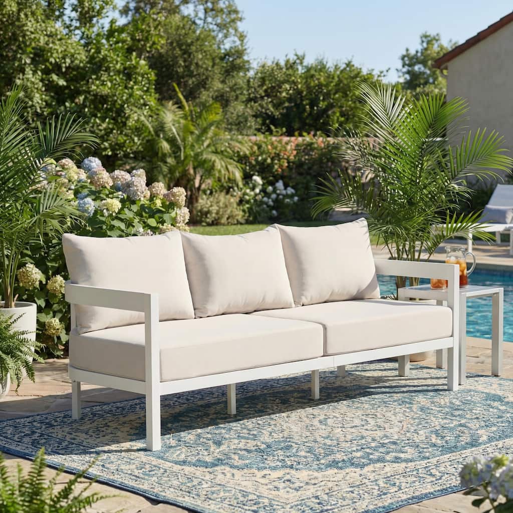 Christopher Knight Home - Modern 75.8" Outdoor Curved Patio 3-Seater Sofa with Aluminum Frame & Water-Resistant Cushions