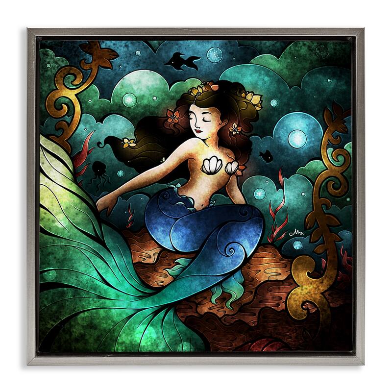 Stupell Vivid Deco Mermaid Framed Floater Canvas Wall Art Design By Mandie Manzano - 18 x 18 - Grey