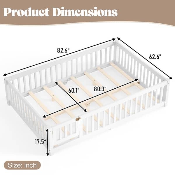 dimension image slide 12 of 16, Wood Floor Bed with Safety Guardrails and Door