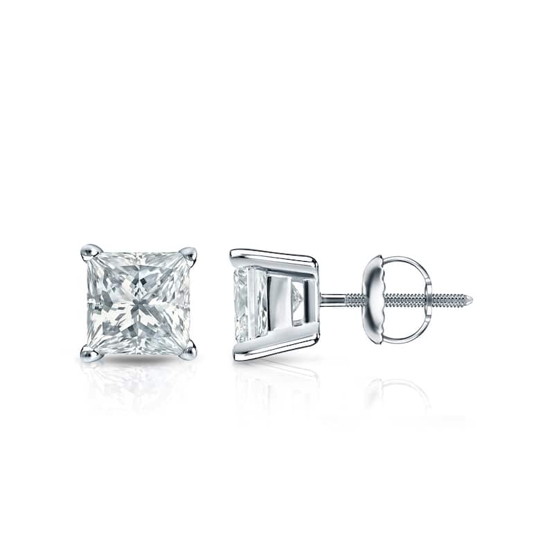 Auriya 18-karat Gold Lab Grown 1.00 carat TDW Princess Diamond Stud Earrings 4-Prong Basket Screw-back - White