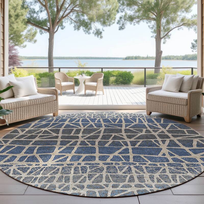 Machine Washable Indoor/ Outdoor Boho Global Chantille Rug - Blue - 8' x 8'