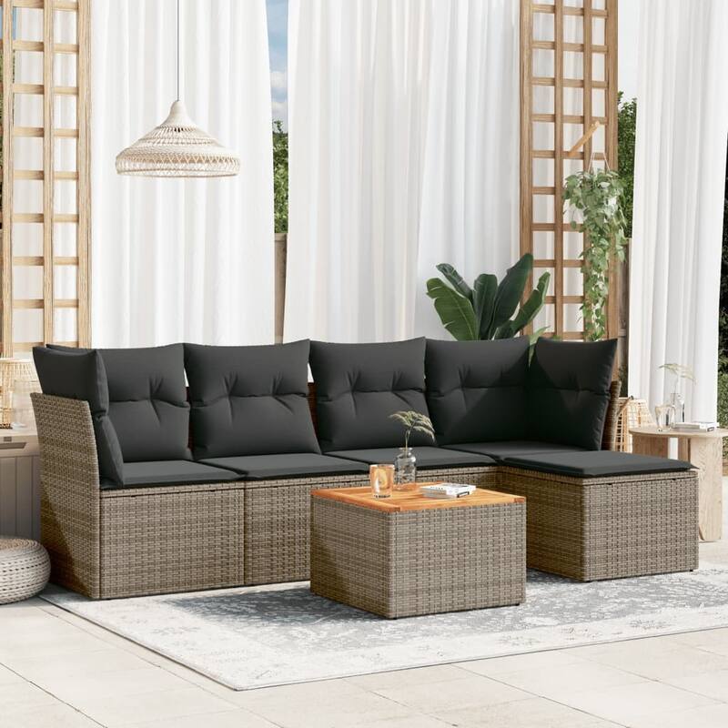 vidaXL Patio Sofa Set with Cushions Outdoor Furniture 6 Piece Poly Rattan - 21.7 x 21.7 x 14.6 - Gray