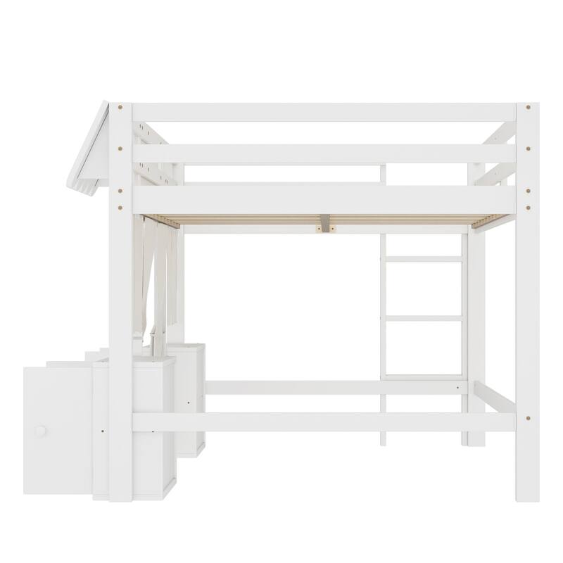 Fairy Tale Cottage Loft Bed with Tent, Bookshelf and Storage Cabinets