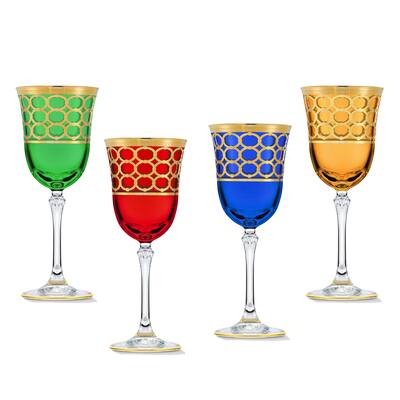 Lorren Home Trends Multicolor White Wine Goblet with Gold Rings, Set of 4