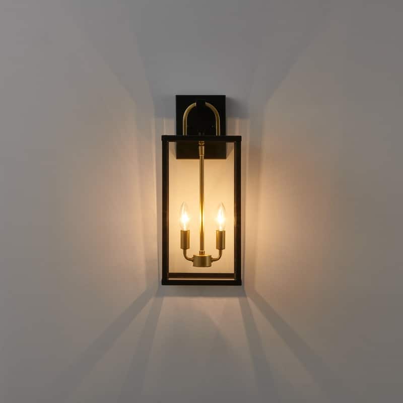 KAWOTI 2-Light Black & Gold Outdoor Lantern Wall Light - W8.25" x H20" x D9.5"