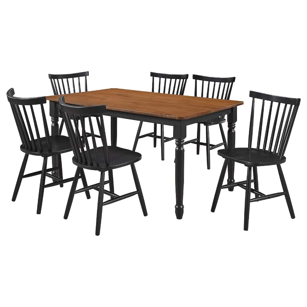 Halie 7pc Dining Table Set, Walnut Brown Wood, 6 Spindle Back Chairs