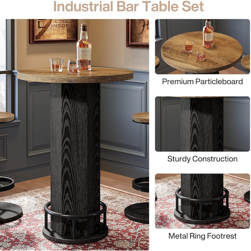 Round Bar Table with Chairs, Industrial Bistro Sets with 2 barstools